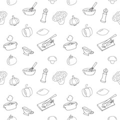 Hand Drawn Cooking Process Seamless Pattern with Kitchen Utensils and Ingredients
