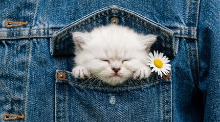 Tiny White Kitten Sleeping Peacefully in Denim Jacket Pocket with Daisy