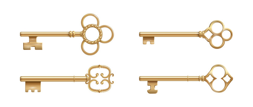 Vintage gold coated keys with filigree design of royal baroque aesthetics. Vector realistic curves and scrollwork golden devices with notched blades. Instruments for home, items for opening doors