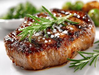 Grilled steak garnished with fresh rosemary and sea salt, served on a white plate with vibrant green vegetables, showcasing culinary artistry and gourmet presentation