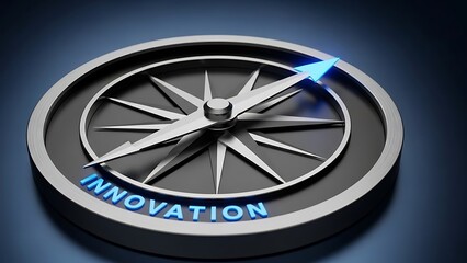 Gray compass with blue innovation text and glowing arrow