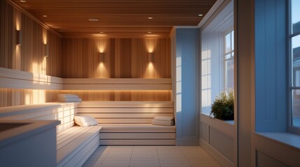 A serene sauna interior featuring wooden benches and soft lighting creates a tranquil atmosphere, perfect for relaxation and rejuvenation after a long day. cinematic color correction, natural