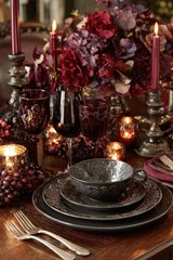 Luxurious table setting with burgundy wine glasses, ornate dark-gray china, and a burgundy floral centerpiece with candles. Concept Luxurious table setting, Burgundy wine glasses