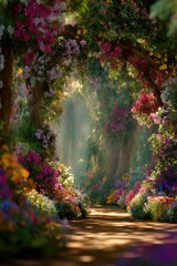 Fototapeta premium A sunlit garden path through a colorful flower arch, blossoms forming a magical tunnel of pinks, purples, yellows and greens. Concept Sunlit Garden Path, Floral Arch Tunnel, Colorful Blooms