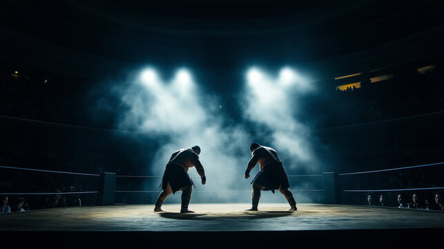 Two Sumo Wrestlers Silhouette in Ring with Dramatic Spotlights