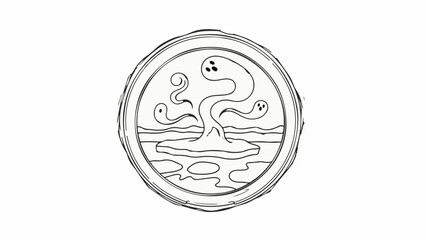 Whimsical creatures emerge from a mysterious, bubbling portal in an abstract landscape.