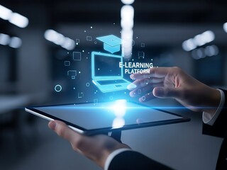 E learning platform on a tablet with a graduation cap and laptop icon