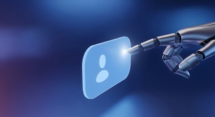 Robotic hand touches glowing digital user profile icon in a futuristic interface, illustrating AI connection and social networking concept.