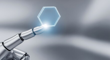 Robotic hand touching glowing abstract hexagonal interface symbolizing futuristic digital technology and artificial intelligence.