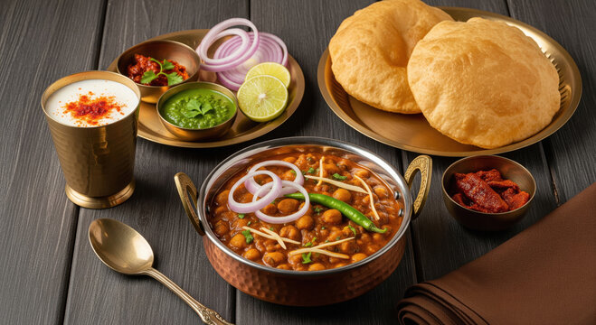Authentic Indian Chole Puri with Lassi and Sides Dish