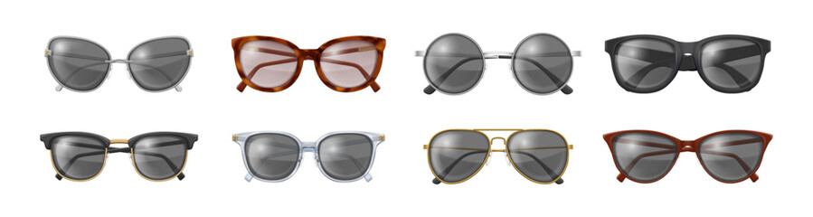 Summer sunglasses, isolated set of realistic accessories for apparel and outfit completion. Vector stylish and fashionable glasses adornment, retro look. Different types of eyeglasses or spectacles