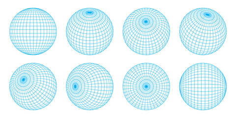Naklejka premium A set of wireframe globe grids with various tilt angles. Abstract geometric sphere with latitude and longitude lines, parallels, meridians, and poles. Blueprint vector illustation