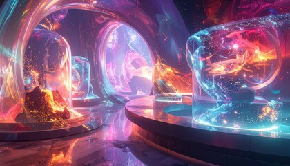 Futuristic scene with holographic forms in glass orbs on display