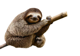 Obraz premium Adorable sloth smiling while gripping a stick isolated on transparent or white background