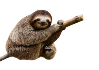 Adorable sloth smiling while gripping a stick  isolated on transparent or white background