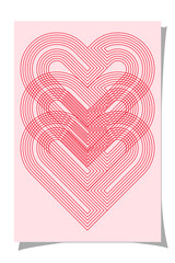 Red linear hearts stacked vertically. Lines overlap to create layered structure. Design uses minimal palette and abstract form to express love visually.