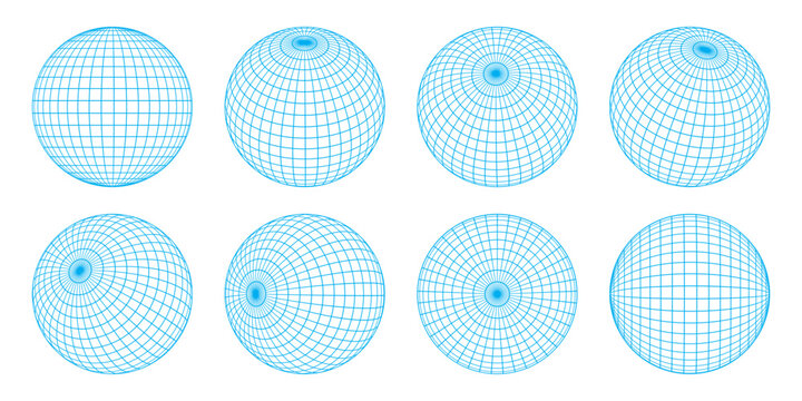 A set of wireframe globe grids with various tilt angles. Abstract geometric sphere with latitude and longitude lines, parallels, meridians, and poles. Blueprint vector illustation