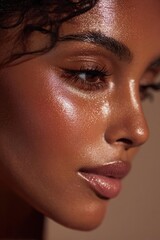 Fototapeta premium Close-up of a bronze-skinned woman with dewy makeup, shimmering cheek highlights, and glossy pink lips. Concept Close-Up Beauty Shot, Dewy Makeup, Bronze Skin Glow, Shimmering Cheek Highlights