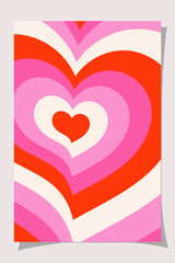 Bold abstract heart with red, pink, and cream concentric layers. Retro style design for Valentines Day sale or romantic promotion with vibrant energy.