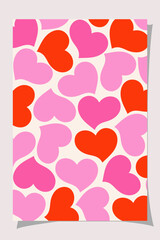 Seamless background with red and pink hearts on cream surface. Modern valentine pattern perfect for wrapping, poster, social media, or romantic decor