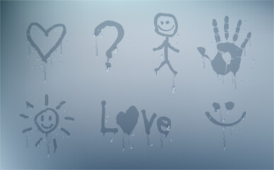 Obraz premium Drawn symbols on misted glass. Vector realistic style, set of paintings on window or bathroom mirror with misty or steamy surface. Water drips and droplets of condensation, heat or cold temperature