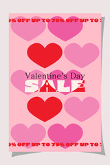 Promotion banner for Valentines Day with pink and red hearts on soft background. Big sale text in center. Bold seasonal design for discounts and love events.