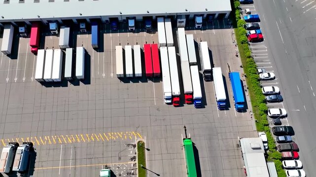 Aerial view of a loading dock with numerous semi-trucks, trailers, and parking spaces