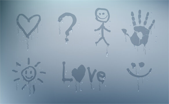 Drawn symbols on misted glass. Vector realistic style, set of paintings on window or bathroom mirror with misty or steamy surface. Water drips and droplets of condensation, heat or cold temperature
