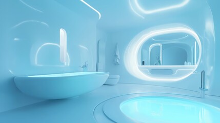 Futuristic bathroom with smart toilet for modern home. Concept of high tech interior design