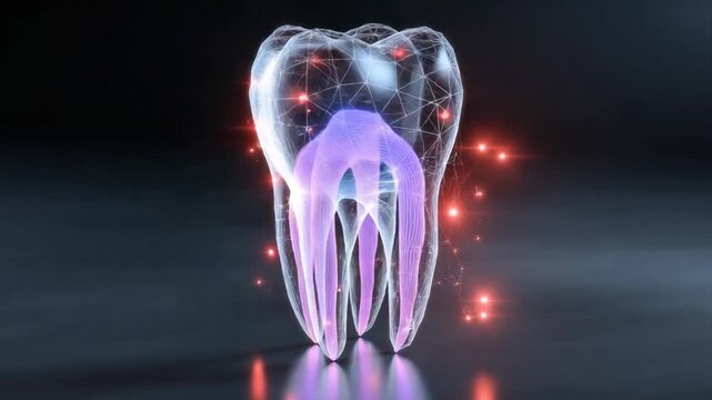 Anatomy of a healthy tooth: An artistic representation of a tooth's intricate internal structure shines brightly, showcasing its complex root system, nerves, and enamel against a dark.