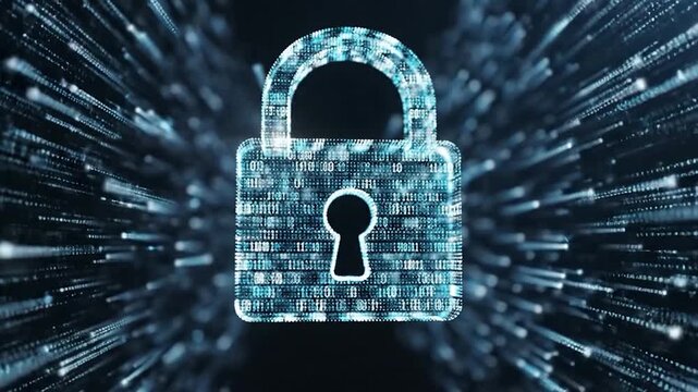 Abstract digital padlock rotating in glowing binary code data stream with high tech motion background for cybersecurity