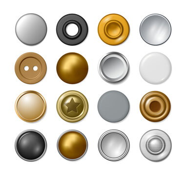 Round buttons or rivets collection, metal or plastic jean accessories. Vector isolated mechanical fastener, clothes design elements. Solid, blind and tubular copper round clinch elements