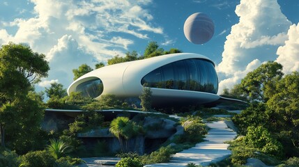Modern futuristic house with minimalist architecture in alien landscape.