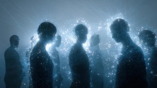 Illuminated Souls: Mystical scene shows silhouettes of people, their forms are enveloped in ethereal, glowing energy fields, radiating an aura of interconnectedness and profound spiritual resonance.