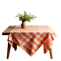 Wooden table with flowers and a checkered cloth