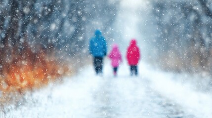 Fototapeta premium Family walks on snow-covered path during snowfall in winter afternoon