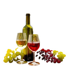 Wine bottle, glasses and grapes on a black background
