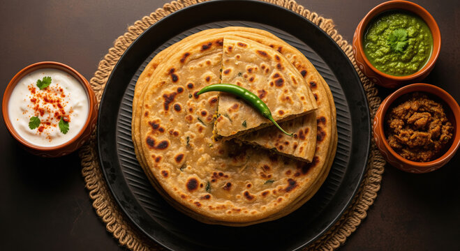 Delicious Aloo Paratha with Raita, Chutney, and Pickle