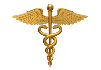 Golden caduceus symbol with wings isolated on a transparent background