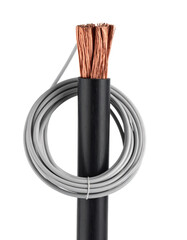 One black electrical wire isolated on transparent or white background