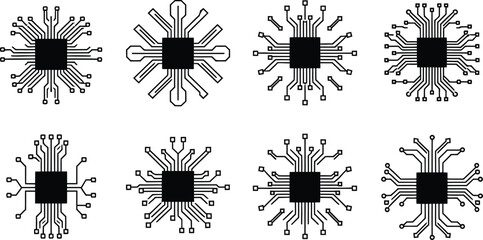 Microchip and Circuit Board Processor Line Icons Set
