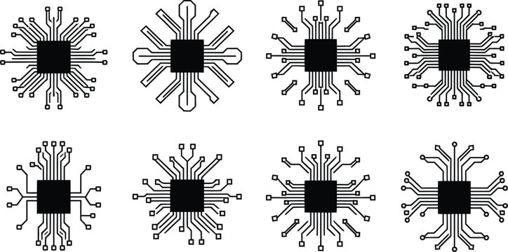 Microchip and Circuit Board Processor Line Icons Set