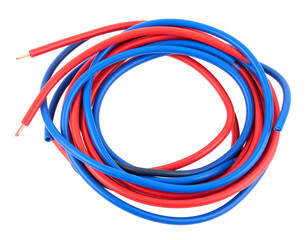 Red and blue electrical wires isolated on transparent or white background