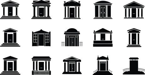 Naklejka premium Set of Bank and Government Building Silhouette Icons
