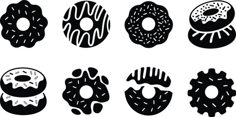 Fototapeta premium Donut icon set. Vector black glyph silhouettes of sweet glazed bakery desserts.