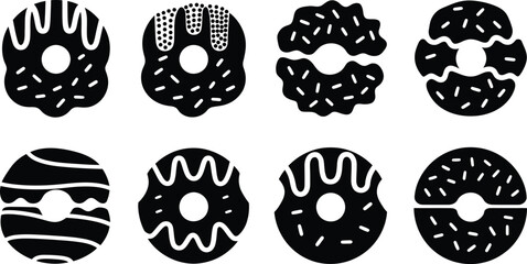 Donut icon set. Vector black glyph silhouettes of sweet glazed bakery desserts.