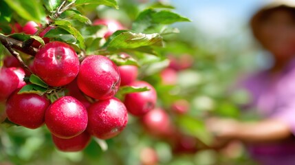 Obraz premium Picking apples in an orchard during a sunny day in autumn season