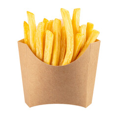Selective focus french fries in carton cup isolated on transparent or white background
