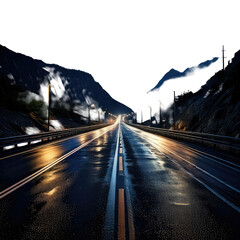 Night highway with mountain landscape and streetlights