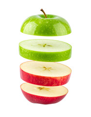 Slice of apple flying for commercial advertisement isolated on transparent or white background